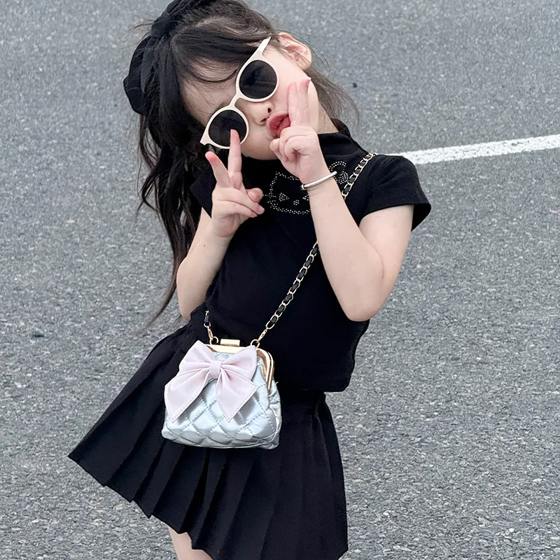 Kids Girls Fashion Casual Chic Solid Color Quilted Bow Chain Crossbody Bag