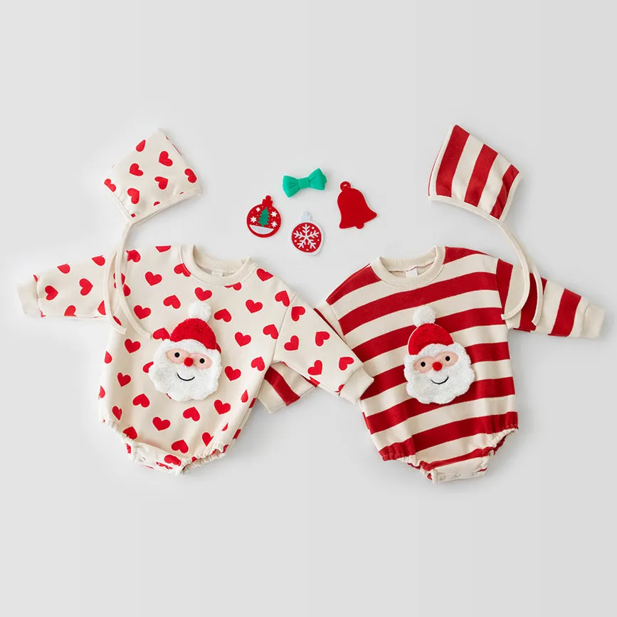 Kids Boys Girls Casual Christmas Stripe Heart Print Long Sleeve Romper