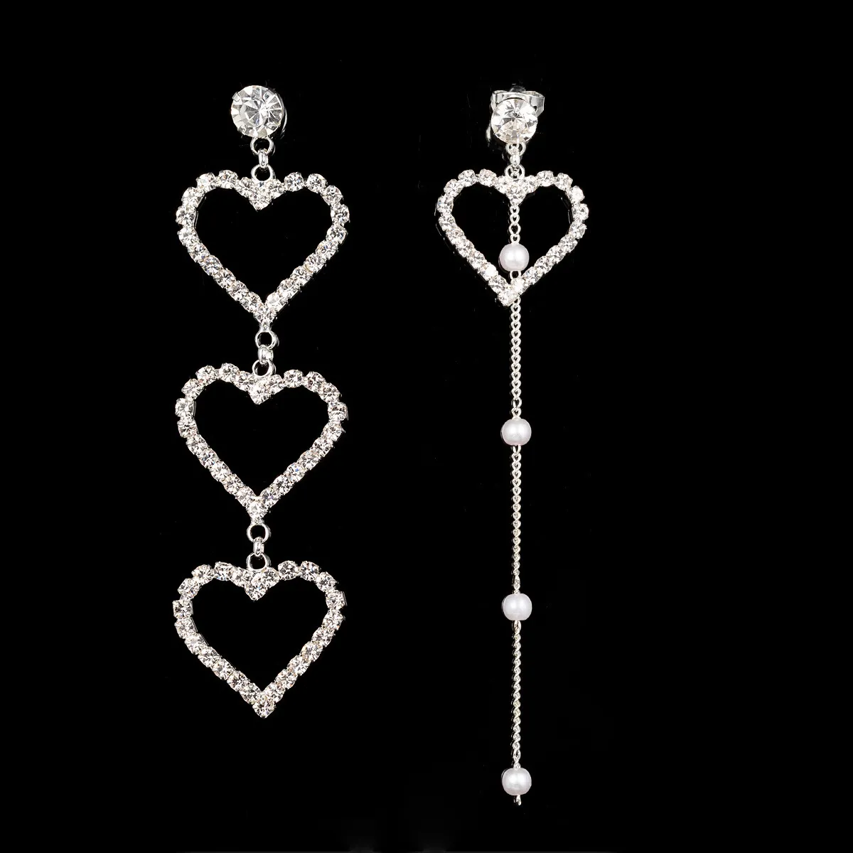 Women's Fashion Heart-Shaped Rhinestone Asymmetric Earrings