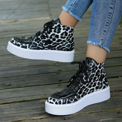 Women Fashion Plus Size Leopard Print Platform Thick-Soled High Top Sneaker