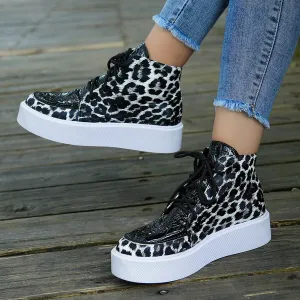 Women Fashion Plus Size Leopard Print Platform Thick-Soled High Top Sneaker