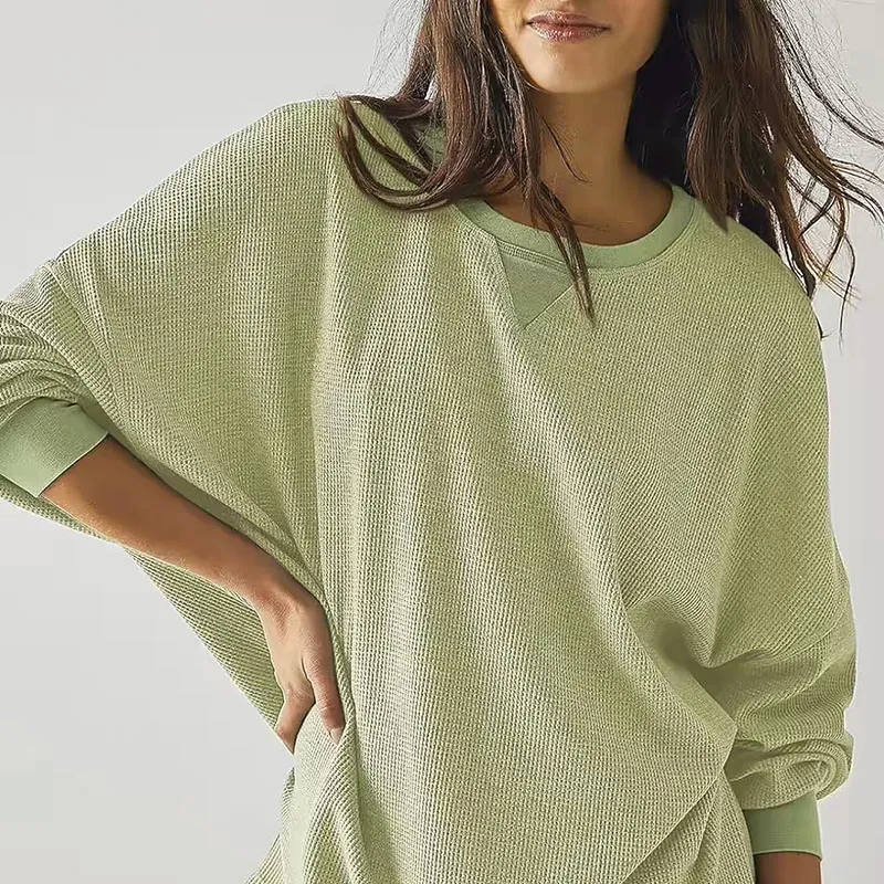 Women Casual Solid Color Crewneck Lantern Sleeve Pullover Sweatshirt