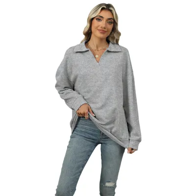 Women Casual V-Neck Long Sleeve Sweatshirt - Loose Fit Pullover in Solid Color