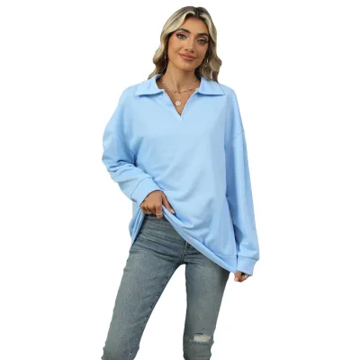 Women Casual V-Neck Long Sleeve Sweatshirt - Loose Fit Pullover in Solid Color