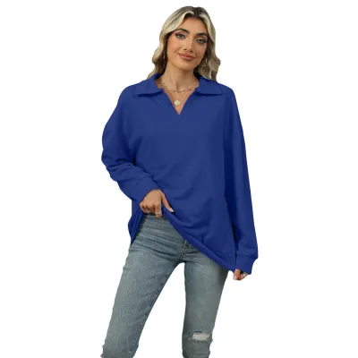 Women Casual V-Neck Long Sleeve Sweatshirt - Loose Fit Pullover in Solid Color