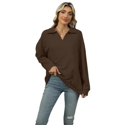 Women Casual V-Neck Long Sleeve Sweatshirt - Loose Fit Pullover in Solid Color