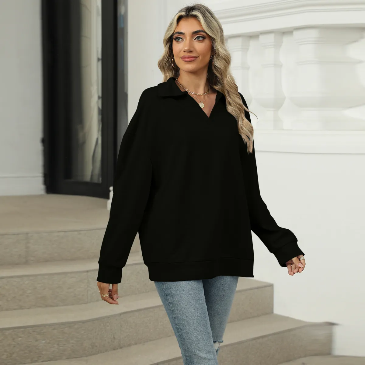 Women Casual V-Neck Long Sleeve Sweatshirt - Loose Fit Pullover in Solid Color