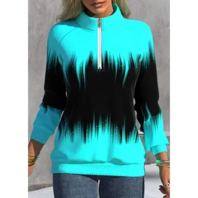 Women Fashion Gradient Print Long Sleeve Zipper Mock Sweatshirt