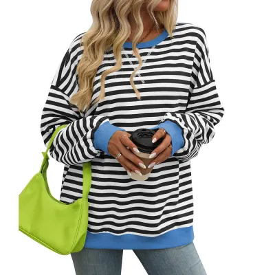 Women Fashion Stripe Print Round Neck Long Sleeve Pullover Sweatshirt