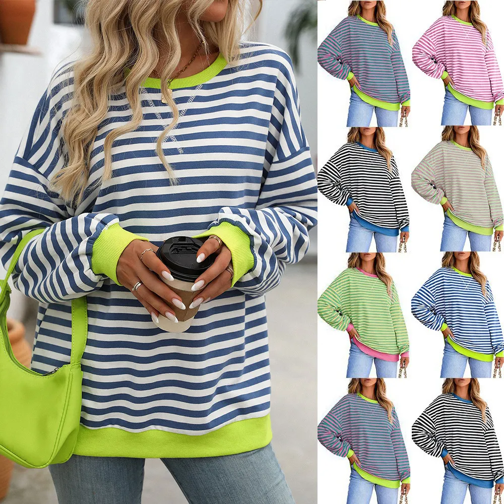 Women Fashion Stripe Print Round Neck Long Sleeve Pullover Sweatshirt