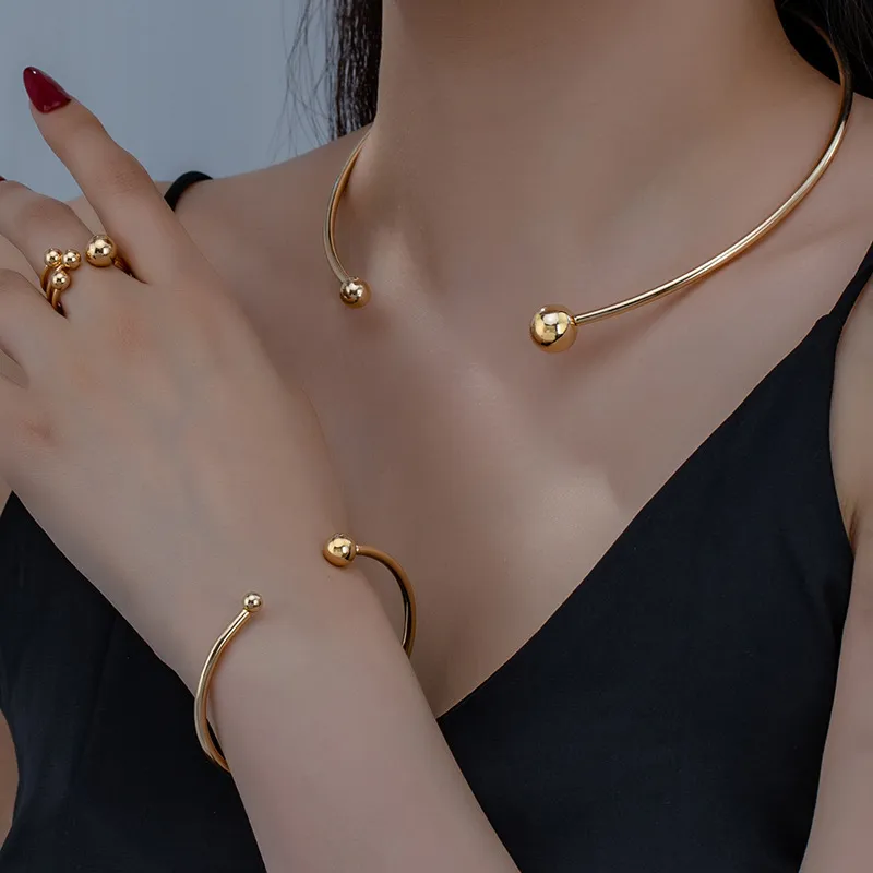 Fashion Simple Women Open Smooth Ring Bracelet Necklace Set