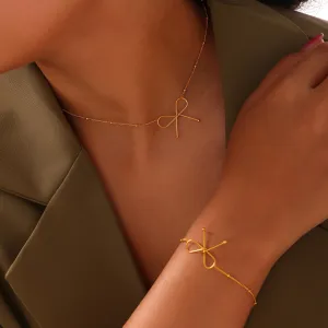 Minimalist Bow Pendant Geometric Bead Chain Titanium Steel Gold Plated Jewelry Set