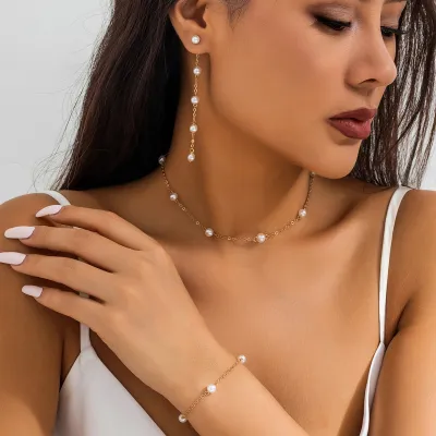 Fashion Simple Pearl Chain Women Necklace Earrings Bracelet Set