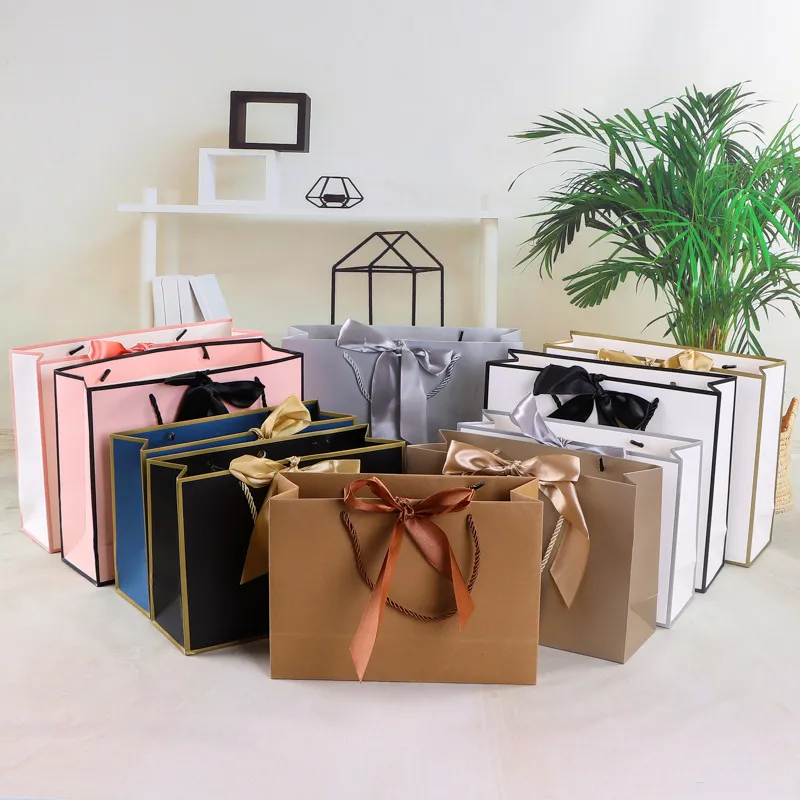 Simple Blank Kraft Paper Bow Gift Clothing Paper Bag