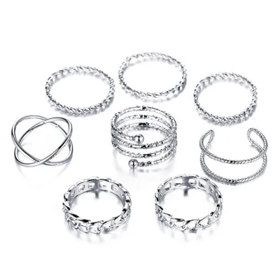 Women Fashion Retro Simple Multi-Layer Cross Opening Twist Midi Rings 8pcs/Set