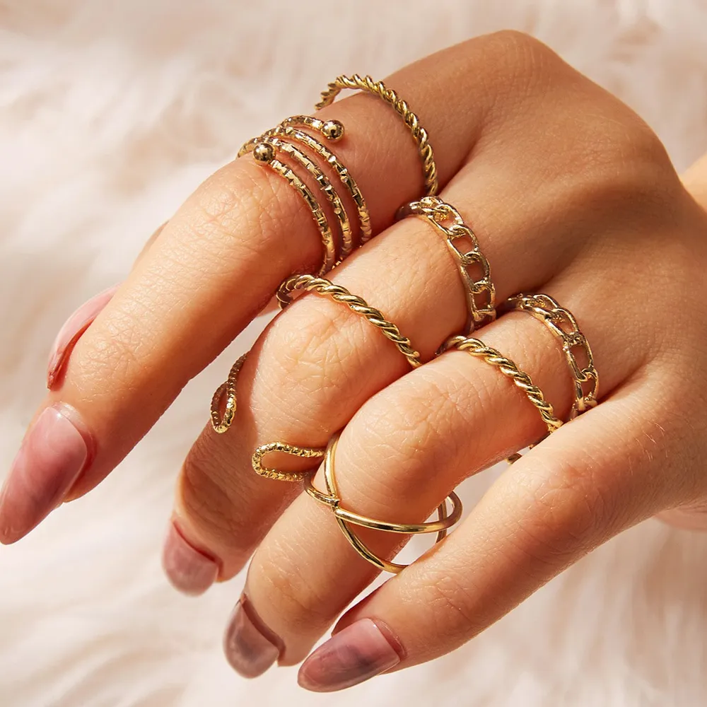 Women Fashion Retro Simple Multi-Layer Cross Opening Twist Midi Rings 8pcs/Set