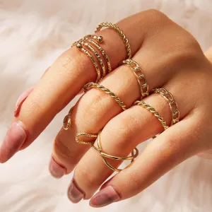 Women Fashion Retro Simple Multi-Layer Cross Opening Twist Midi Rings 8pcs/Set