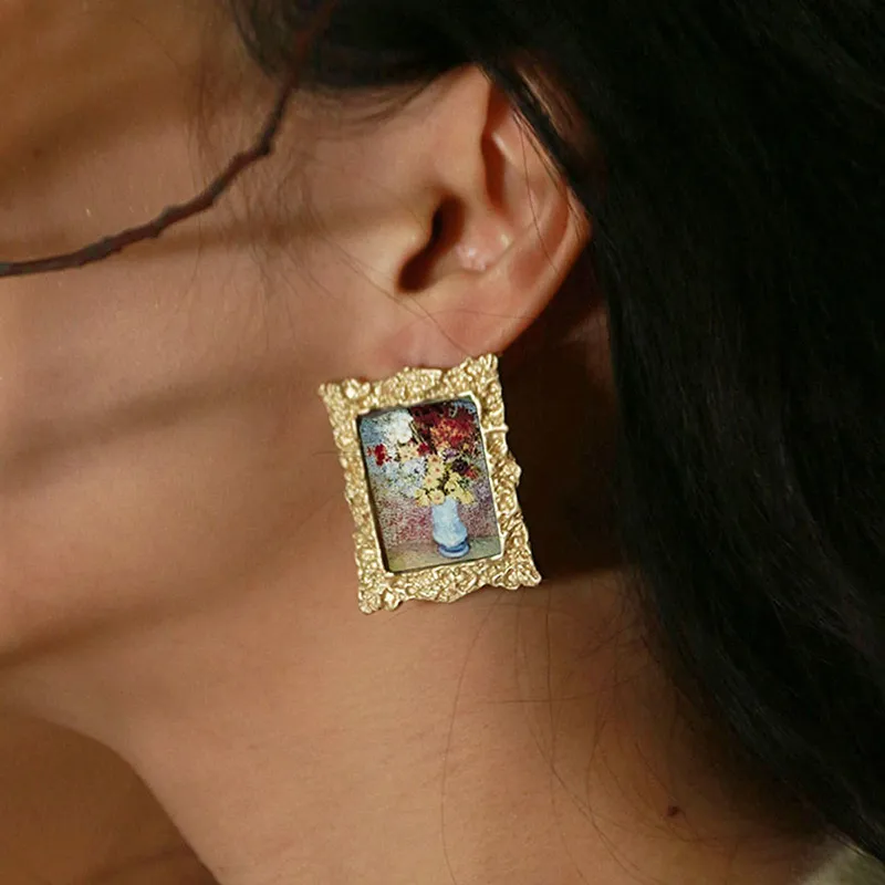 Vintage Baroque Impression Frame Oil Painting Dangle Earrings