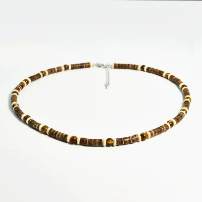 Holiday Style Coconut Shell Beaded Tiger Eye Stone Necklace for Men
