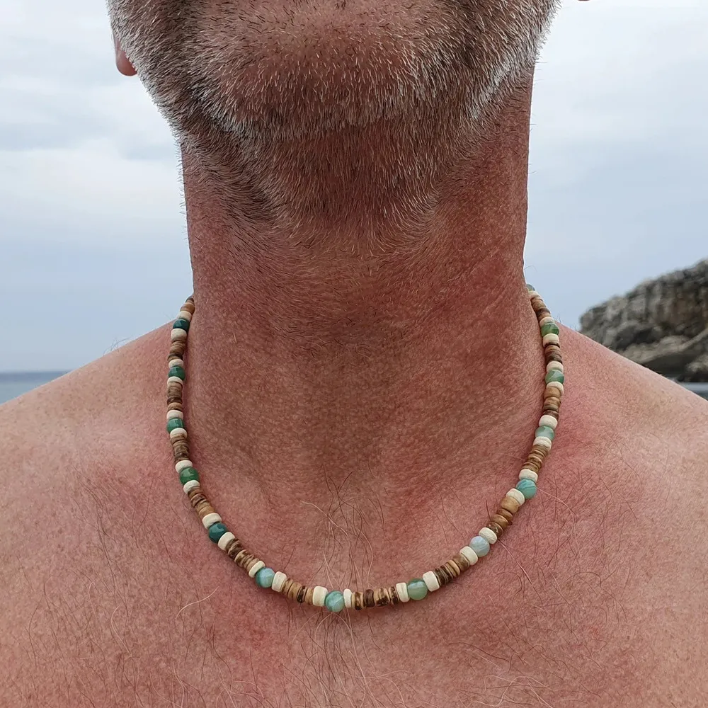 Holiday Style Coconut Shell Beaded Tiger Eye Stone Necklace for Men