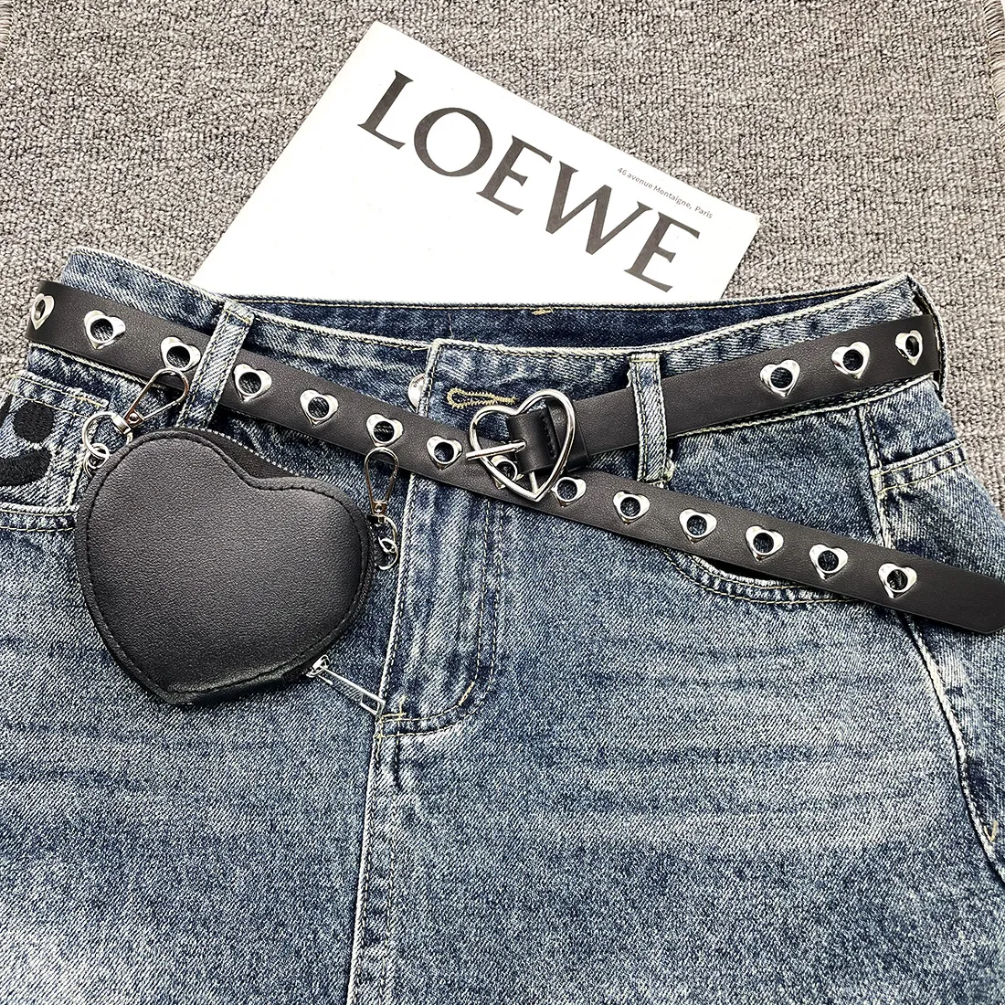 Women Fashion Creative Mini Heart Bag Decorative Hollow Belt
