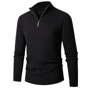 Men Autumn Winter Casual Solid Color Striped Long Sleeve Zipper Turtle Neck Knitted Pullover