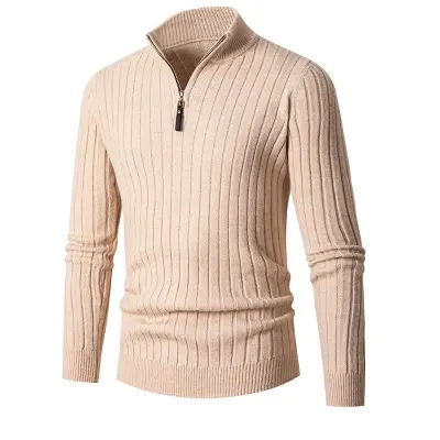 Men Autumn Winter Casual Solid Color Striped Long Sleeve Zipper Turtle Neck Knitted Pullover