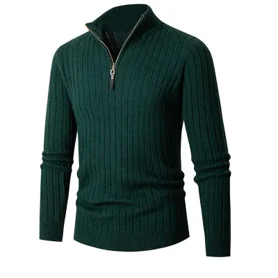 Men Autumn Winter Casual Solid Color Striped Long Sleeve Zipper Turtle Neck Knitted Pullover