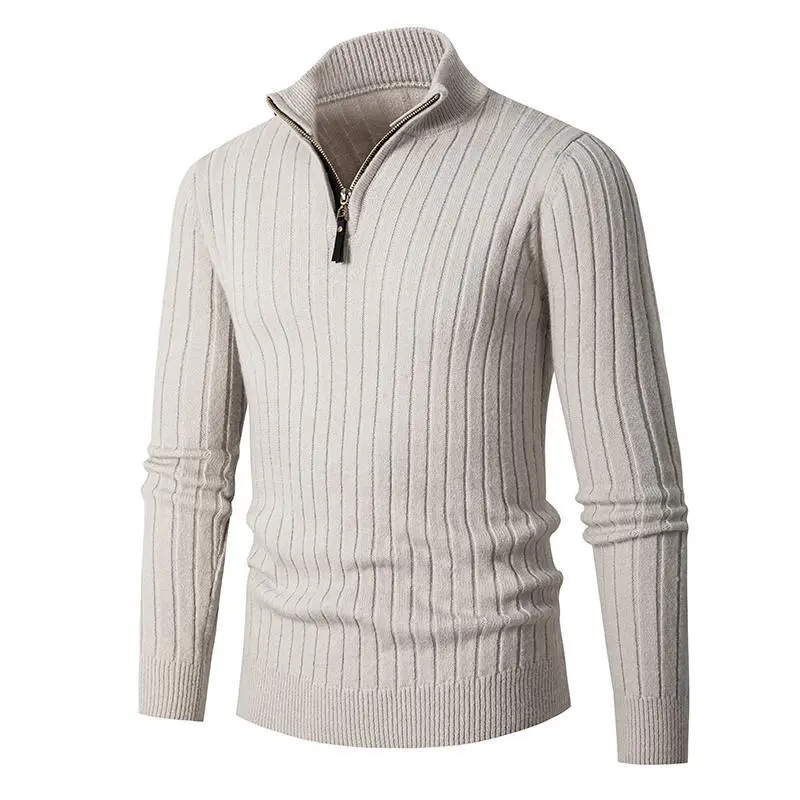 Men Autumn Winter Casual Solid Color Striped Long Sleeve Zipper Turtle Neck Knitted Pullover