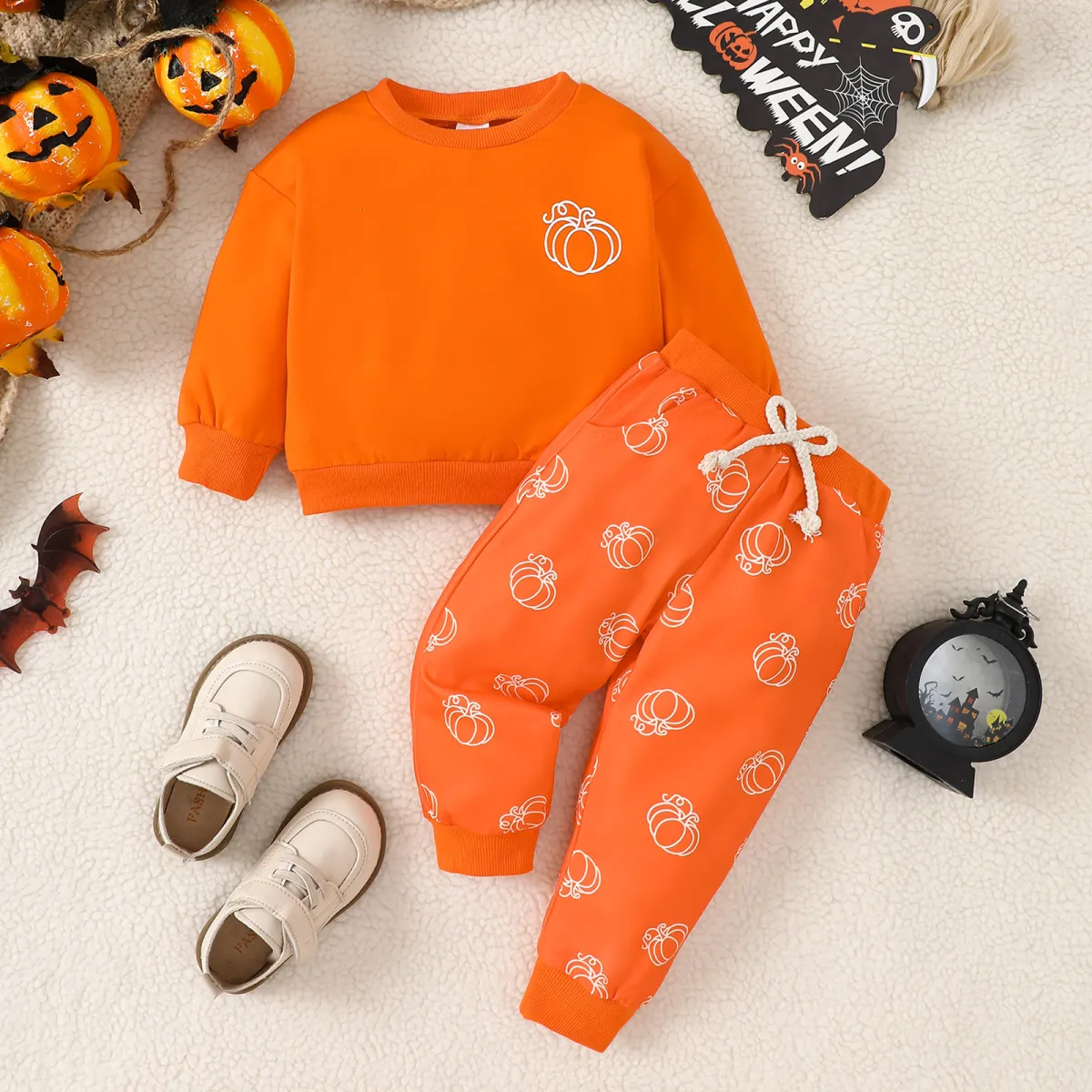 Kids Baby Boys Girls Casual Cute Halloween Thanksgiving Pumpkin Print Long Sleeve Sweatshirts Trousers Set