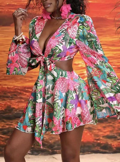 Women Casual Street Hipster Tiny Flower Printed Horn Sleeve Dress