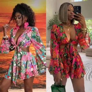 Women Casual Street Hipster Tiny Flower Printed Horn Sleeve Dress
