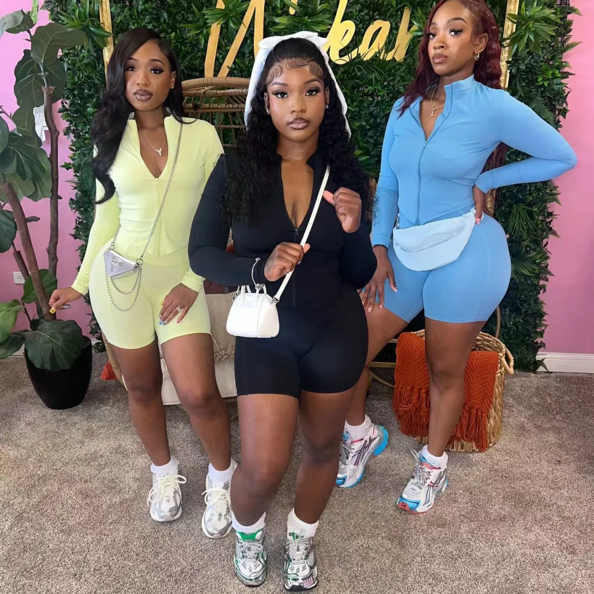 Women Athleisure Casual Solid Color Long Sleeve Top Shorts Two-Piece Set
