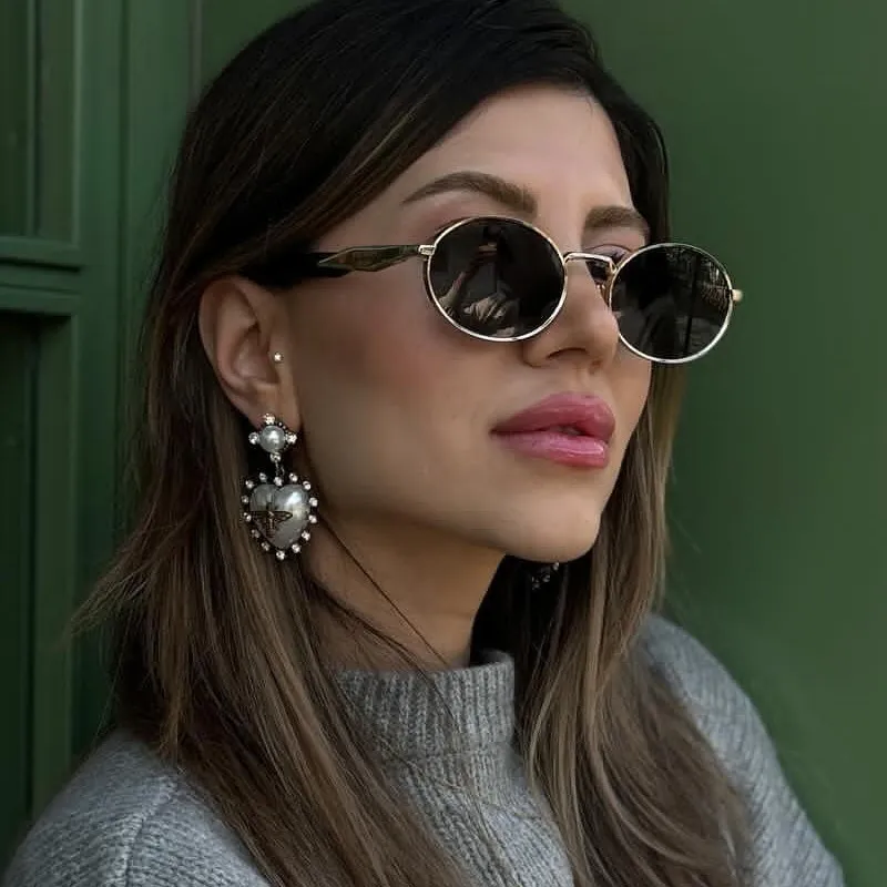 Women Fashion Simple Oval Frame Metal Sunglasses