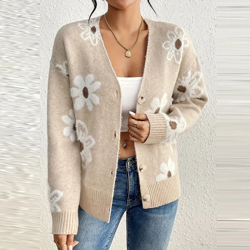 Women Casual Floral Knitted Loose Cardigan Sweater Jacket