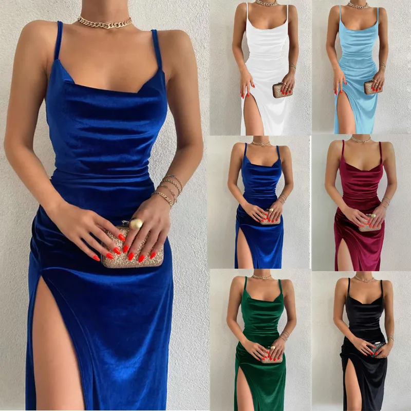 Women Sexy Side Split Sling Dress Polyester Midi