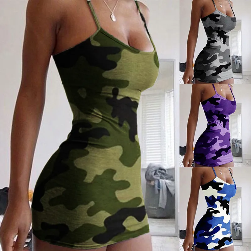 Women Sexy Camouflage Print Sling Bodycon Mini Dress