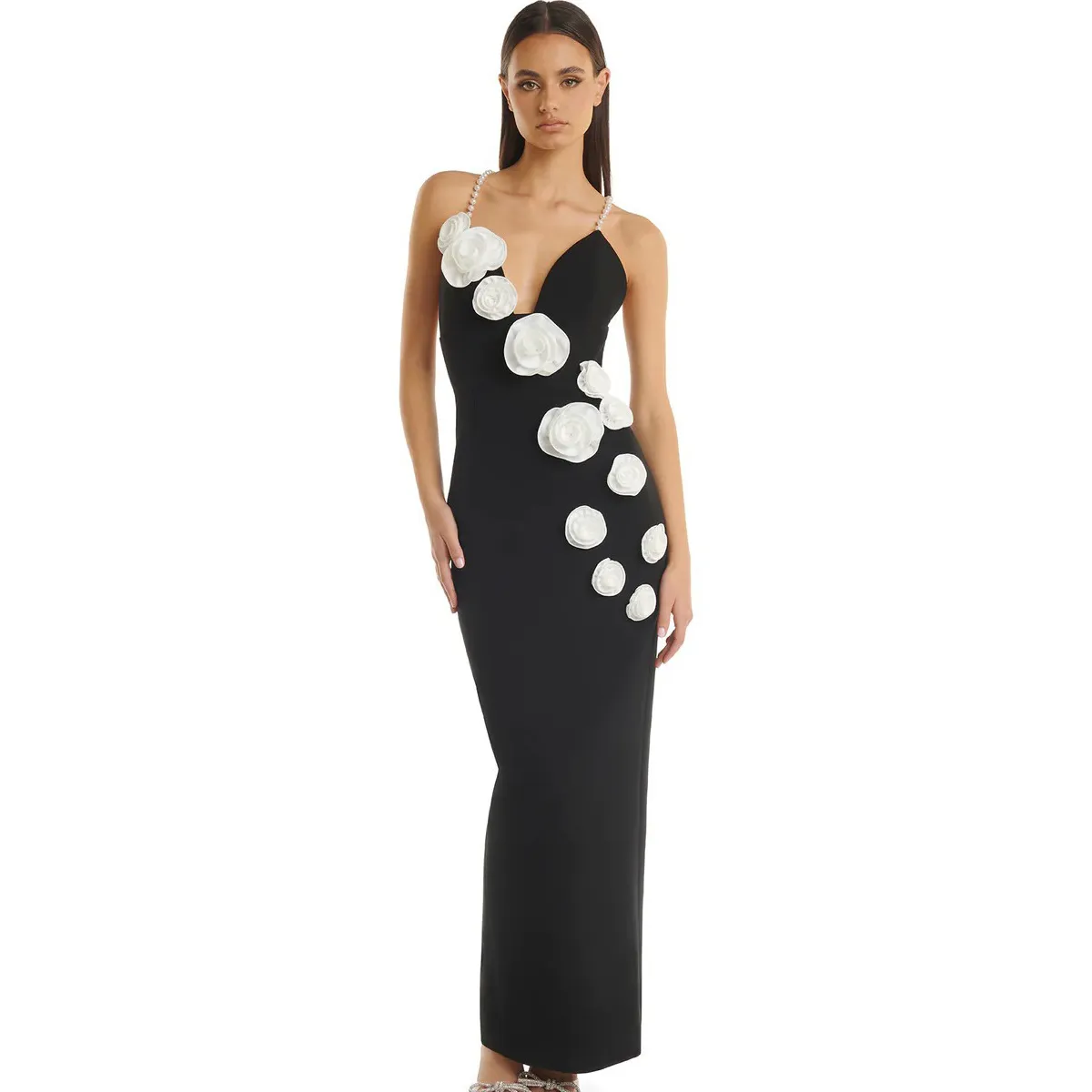 Women Fashion Sexy Three-Dimensional Floral Pearl Sling Party Dress