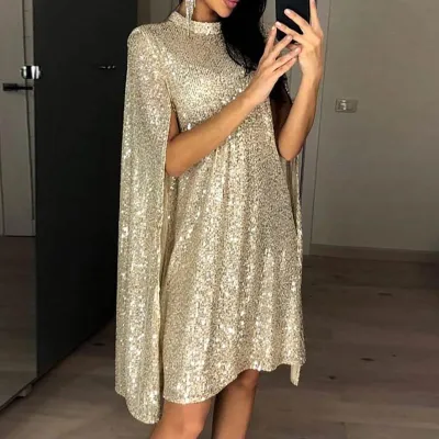 Women Fashion Sequin Collar Loose Party Dress