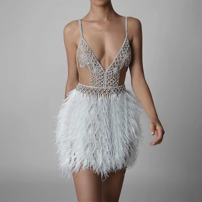 Women Sexy Deep V Strap Feather Dinner Party Dress