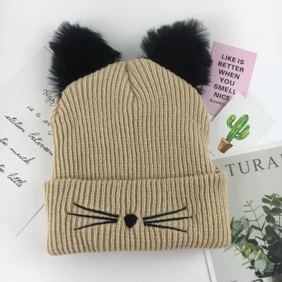 Autumn Winter Cute Cat Ear Embroidered Wool Knitted Beanie