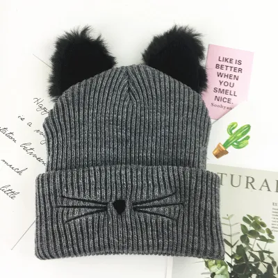 Autumn Winter Cute Cat Ear Embroidered Wool Knitted Beanie
