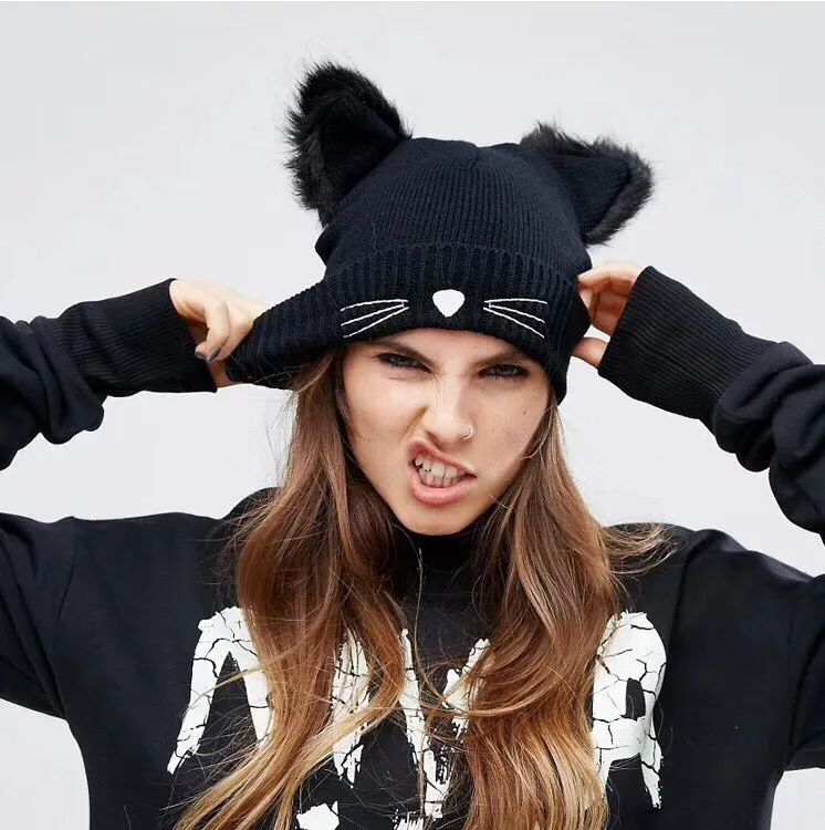 Autumn Winter Cute Cat Ear Embroidered Wool Knitted Beanie