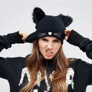 Autumn Winter Cute Cat Ear Embroidered Wool Knitted Beanie