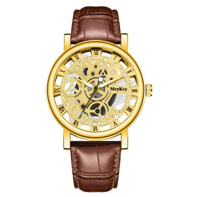 Men's Quartz Wristwatch with Hollow Dial and Leather Strap