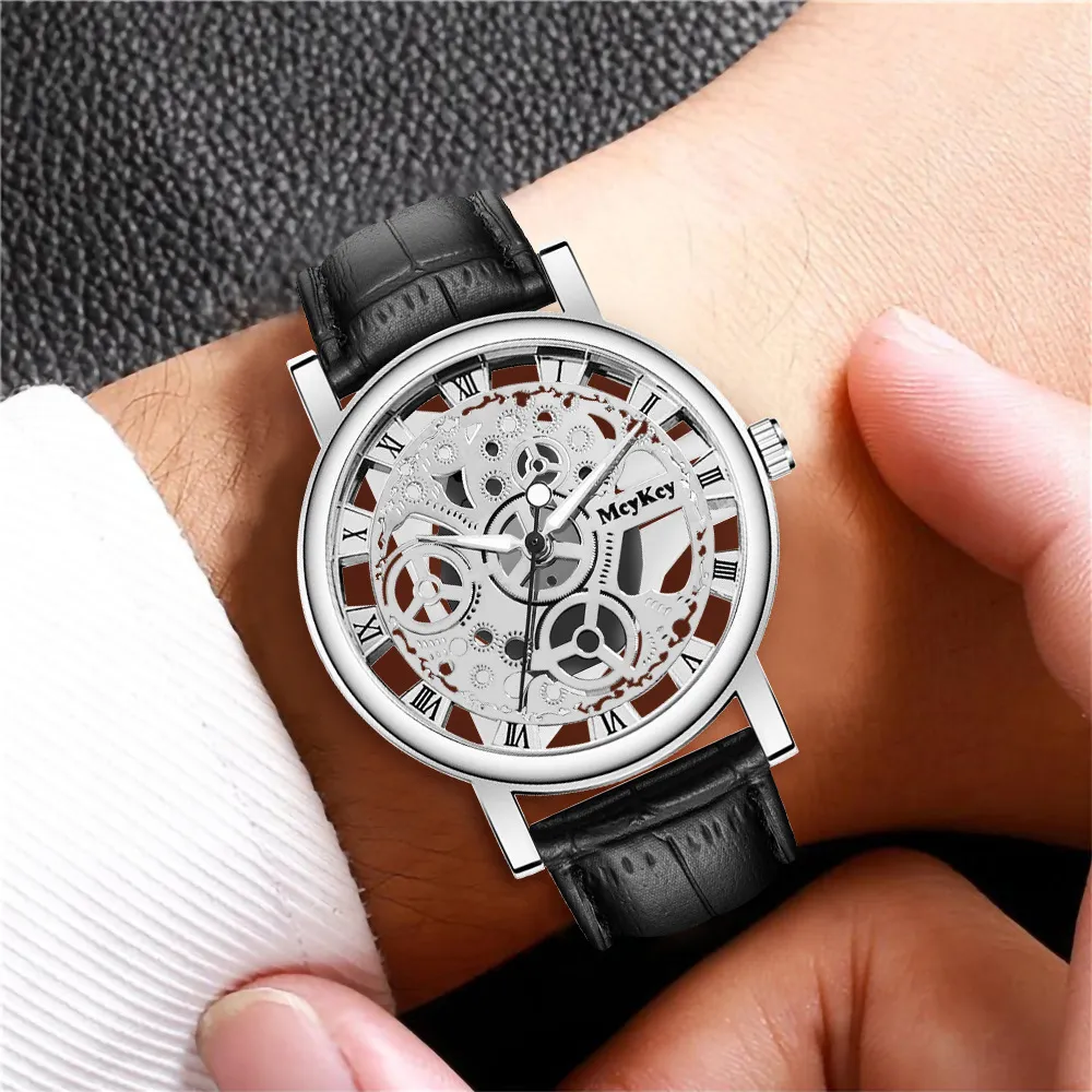 Men's Quartz Wristwatch with Hollow Dial and Leather Strap
