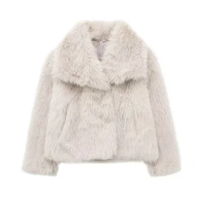 Autumn Winter Women Faux Fur Solid Color Lapel Plush Coat