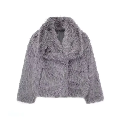 Autumn Winter Women Faux Fur Solid Color Lapel Plush Coat