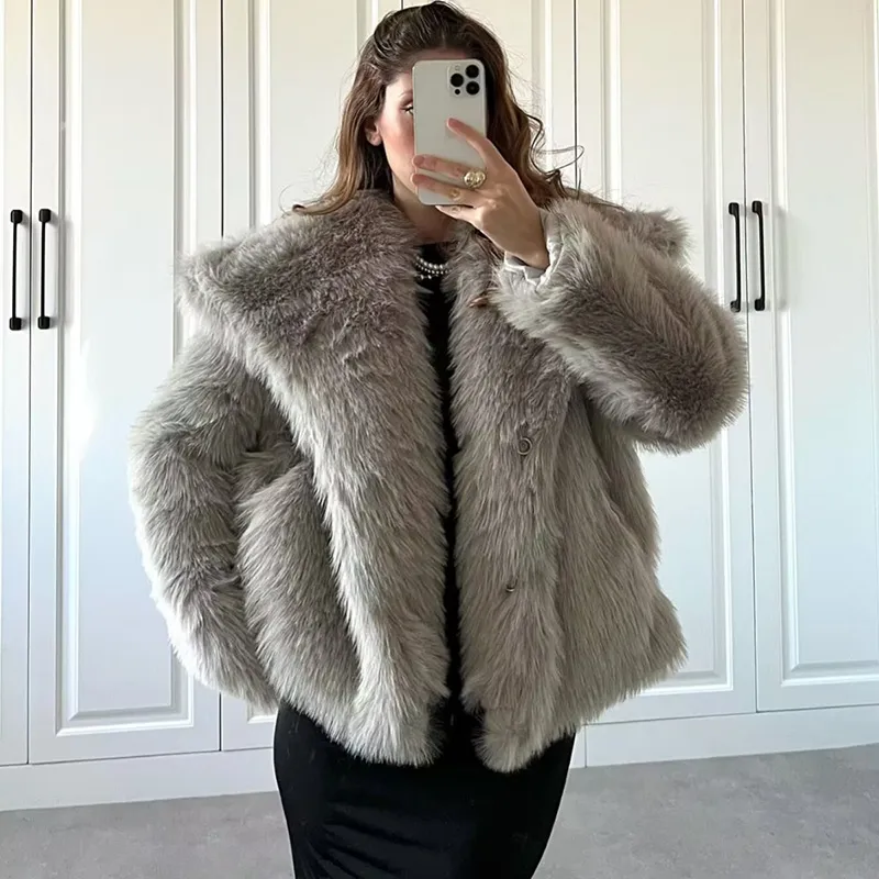 Autumn Winter Women Faux Fur Solid Color Lapel Plush Coat