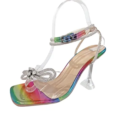 Summer Women Plus Size Sexy Bow Rhinestone Square Toe Heeled Sandals